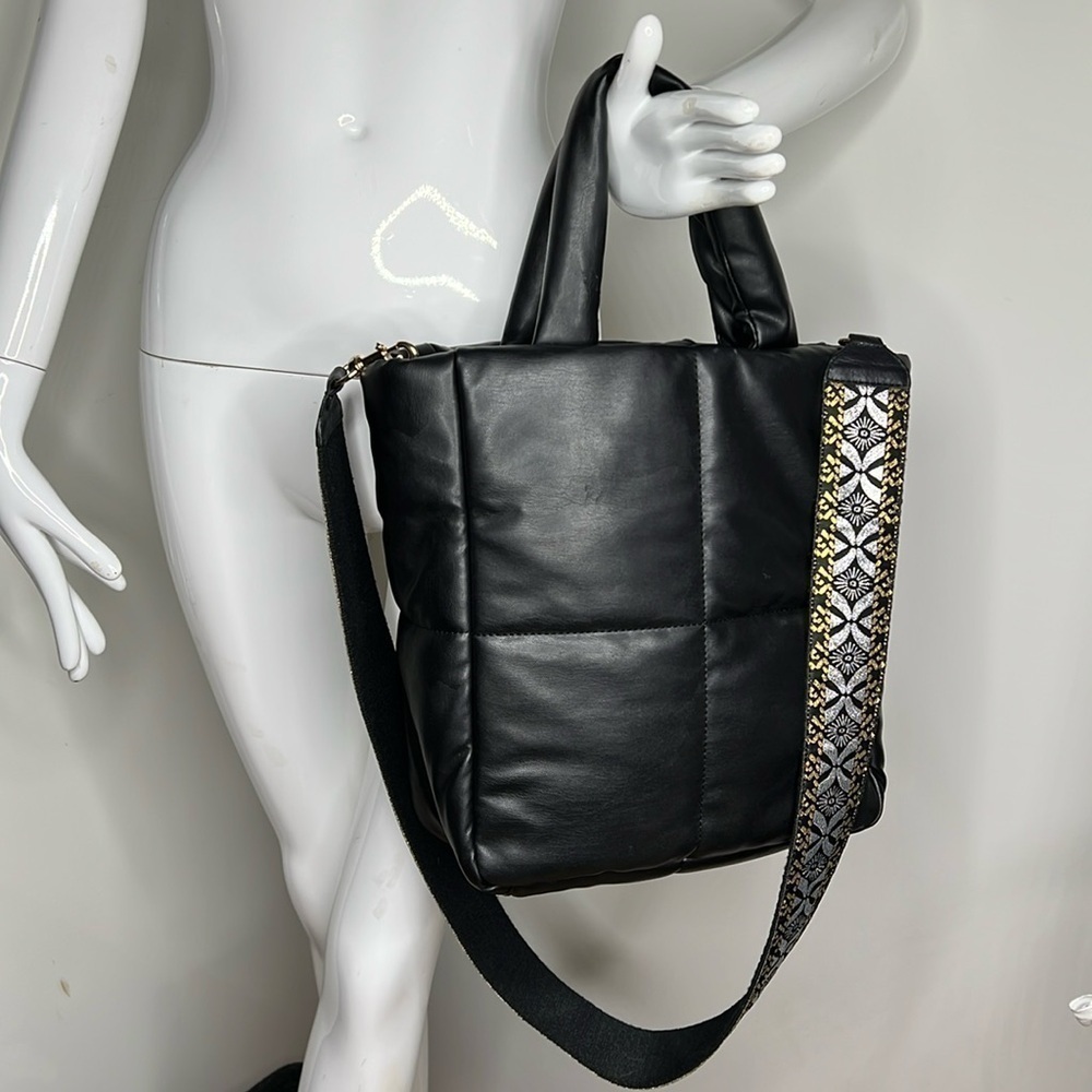 Black Vegan Puffer Crossbody North South Double Handle Tote Bag